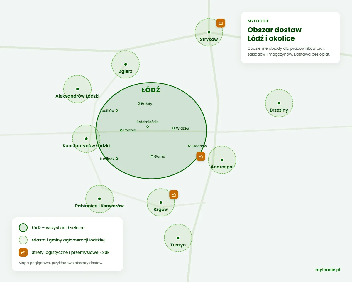 Mapa obszaru dostaw cateringu dla firm myfoodie w Łodzi i okolicach